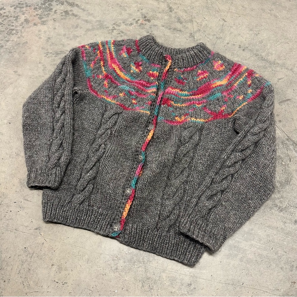 Vintage Hand Knit Icelandic Wool Sweater Sherbet Rainbow Fair Isle Cardigan - Picture 2 of 9